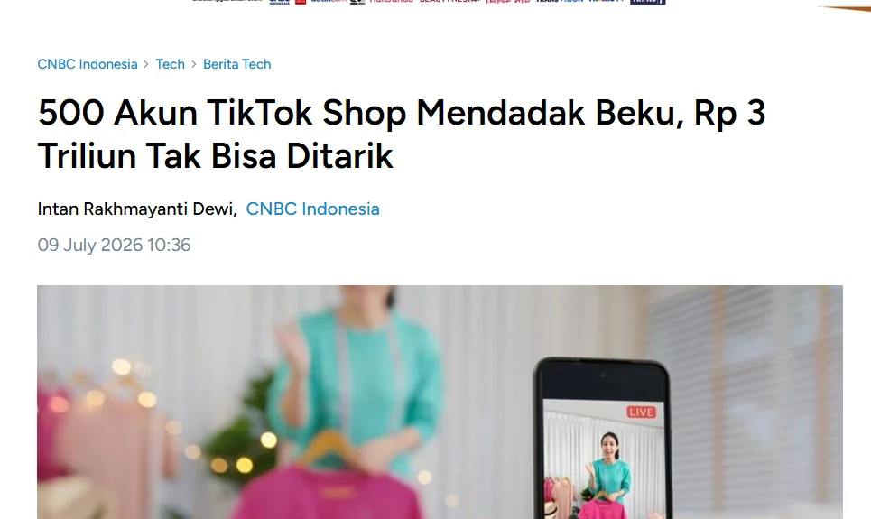 Screenshot laporan CNBC Indonesia soal pembekuan saldo TikTok Shop